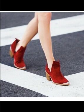 JC Cromwell Red Suede Cutout Ankle Booties with Stacked Heel